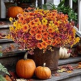 AXYLEX Artificial Fall Flowers for Outdoor Fake Mums - 16 Bundles Fake Plants UV Resistant No Fade Faux Plastic Greenery Garden Porch Patio Home Decor(16, BrownOrangeYellow)