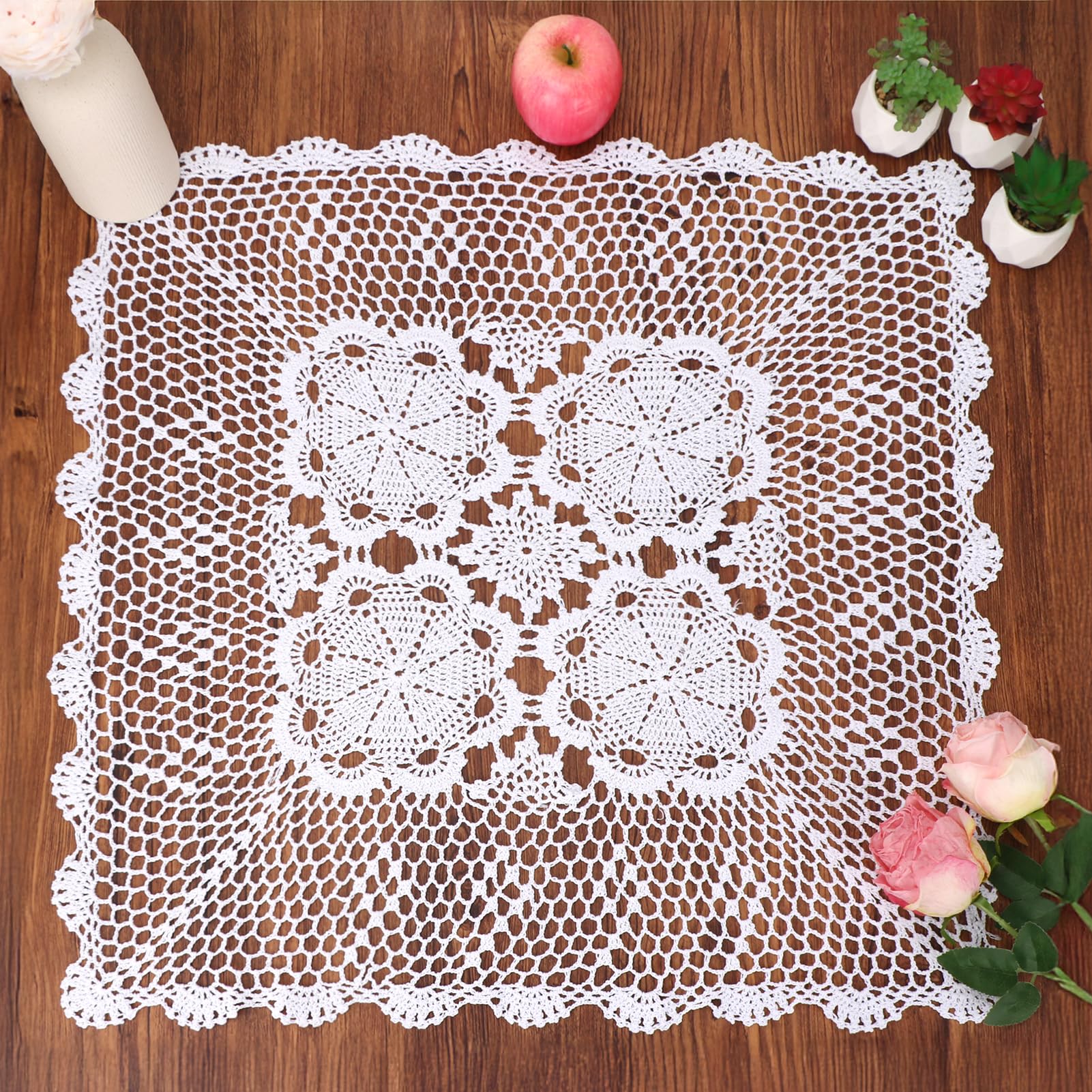 kilofly Handmade Crochet Cotton Lace Table Placemats Sofa Doilies, Square, White, 27 inch