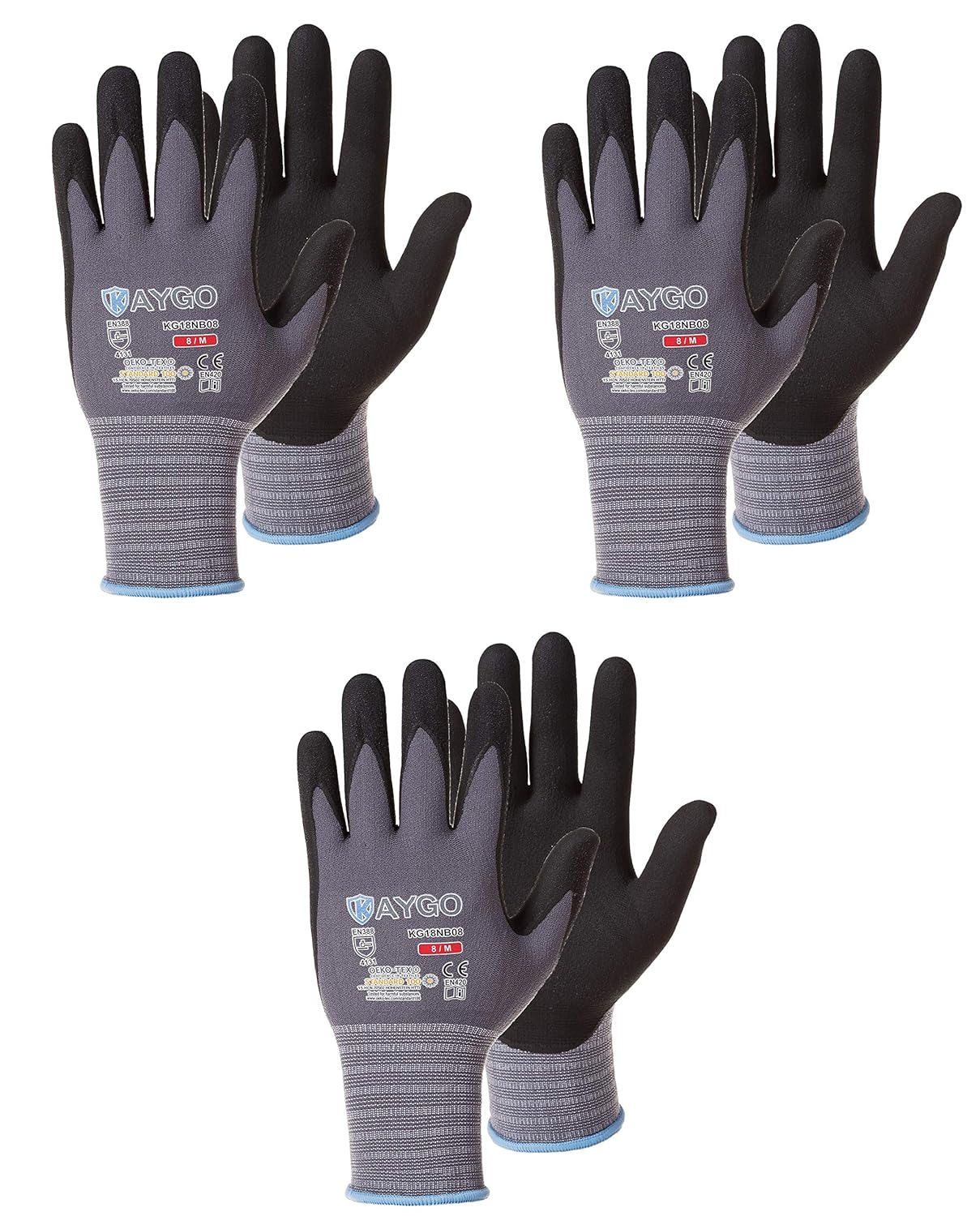 Safety Work Gloves MicroFoam Nitrile Coated-3 Pairs,KAYGO KG18NB,Seamless Knit Nylon Glove with Black Micro-Foam Nitrile Grip,Ideal for General Purpose,Automotive,Home Improvement,Painting