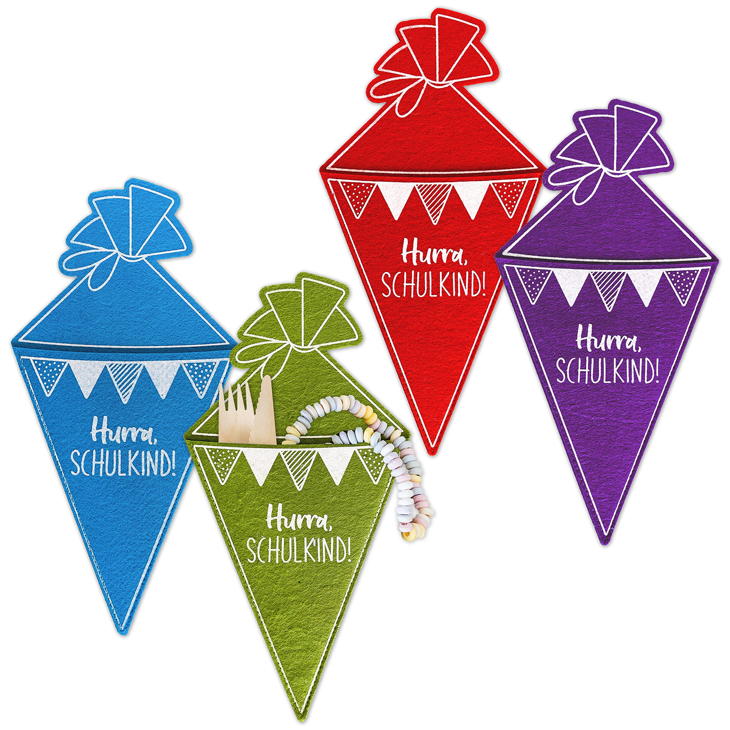 Papierdrachen 4 Colourful Felt School Cones - Cutlery Bag or Gift Bag - Great Attention for the Very First Day of School - Sibling School Cone - First Day of School - Set 2