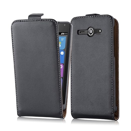 Cadorabo Hülle für Huawei Ascend Y530 Hülle in KAVIAR Schwarz Handyhülle aus Glattem Kunstleder im Flip Design Case Cover Sch