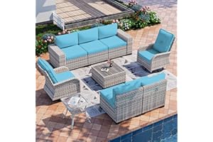 Muphyers 9-Piece Outdoor Patio Furniture Set with Rocking Swivel Chair Wicker Sectional Sofa Set, Patio Conversation Set with Thickened Cushions & Coffee Table for Garden, Backyard, Turquoise
