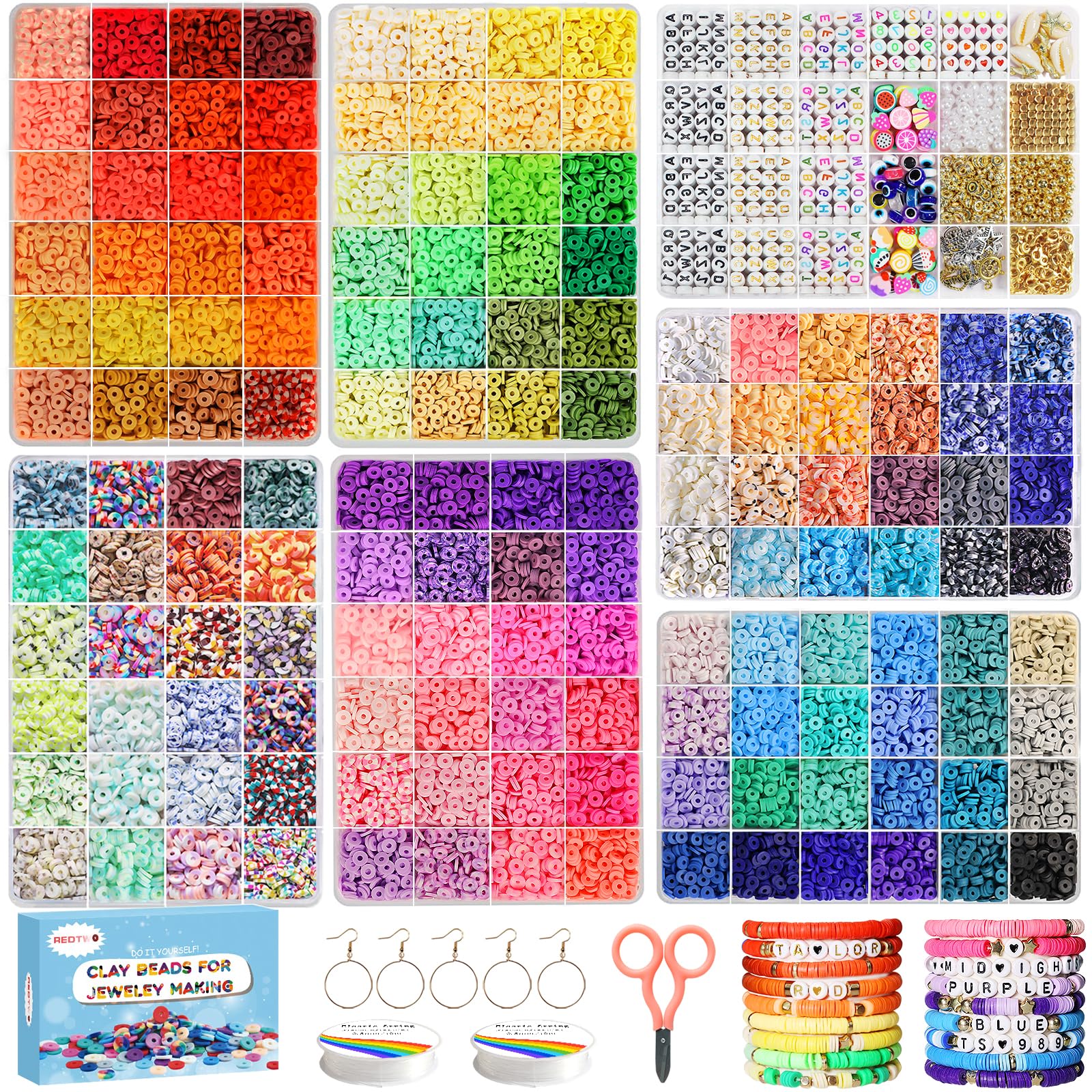 Redtwo 23000 Pcs Clay Beads Bracelet Making Kit 144 Colors 7 Boxes Flat Polymer Heishi Beads Set for Friendship Jewelry Making with Pendant Charms Crafts Gifts for Girls Ages 6-12 Kids Adults