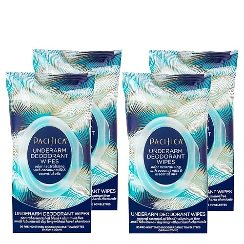 Pacifica Beauty Coconut Milk & Essential Oils Underarm Deodorant Wipes, Helps Remove Odor, Aluminum-Free, Vegan & Cruelty-Free, 30 Wipes (4-Pack)