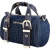 True Religion Denim Buckle Strap Mini Satchel Bag, Structured Dark Denim Crossbody Handbag, Dark Denim