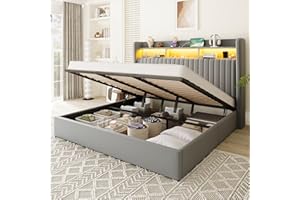 Allewie King Size Lift Up Hydraulic Storage Bed Frame, 2-Tier Shelf Headboard with LED Lights and Charging Station, USB and T