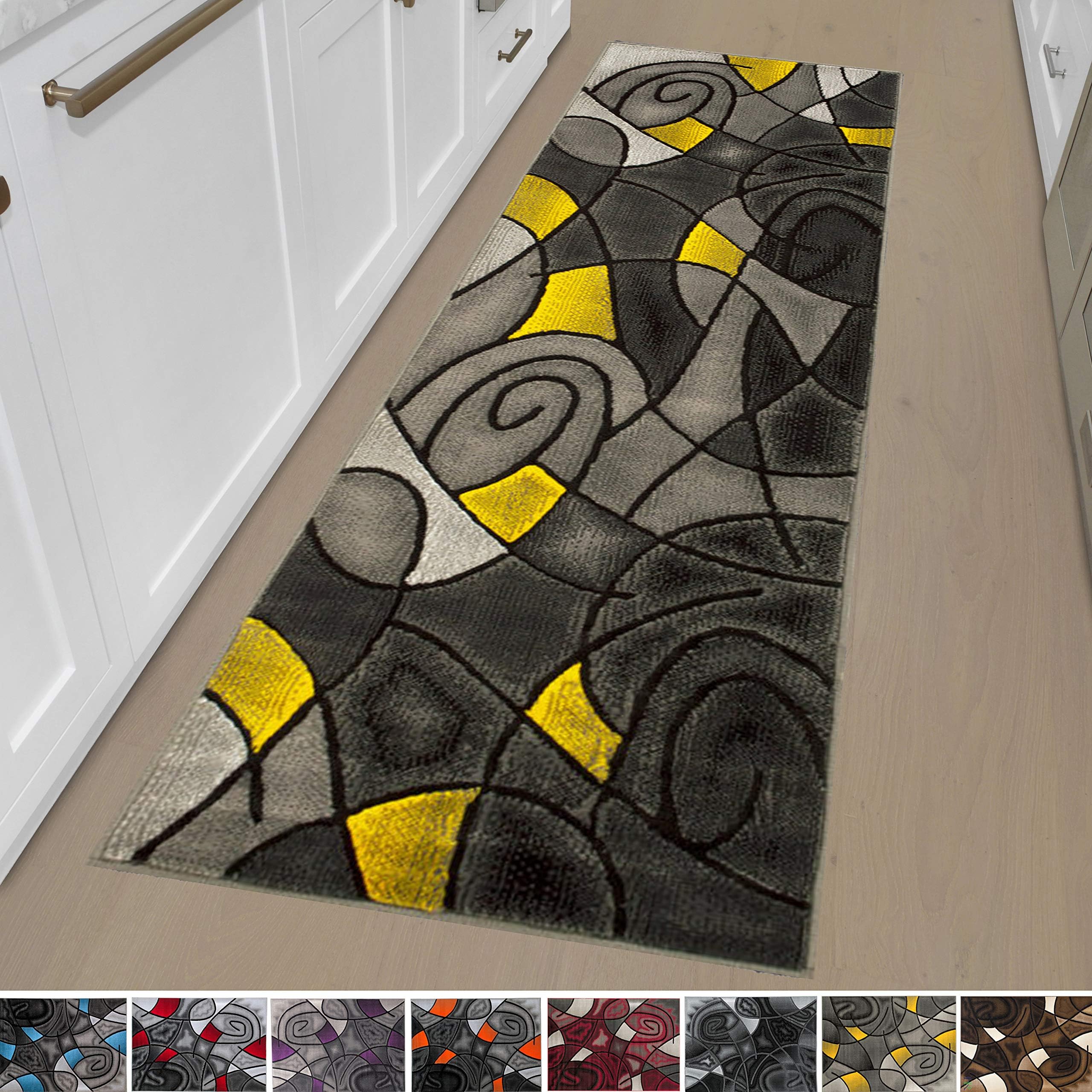 HR Orangish Yellow/Grey/Silver/Black/Abstract Area Rug Modern Contemporary Circles | Bedroom Rug Wave Design Pattern