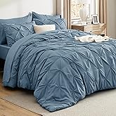 Bedsure Queen Comforter Set Mineral Blue - Bed in a Bag Queen 7 Pieces, Pintuck Bedding Sets Gift for Christmas, Pinch Pleat Bed Set with Queen Size Comforter, Sheets, Pillowcases & Shams