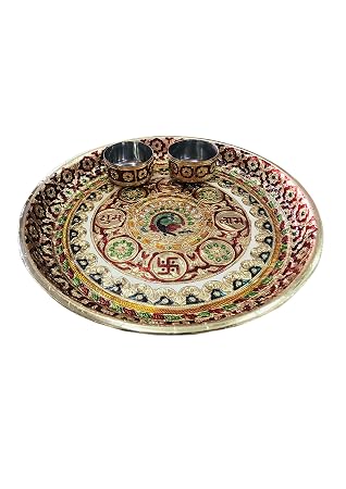 rr handicrafts Jaipuri Peacock Design and Decorated puja thali with 2 Bowls meenakari Work