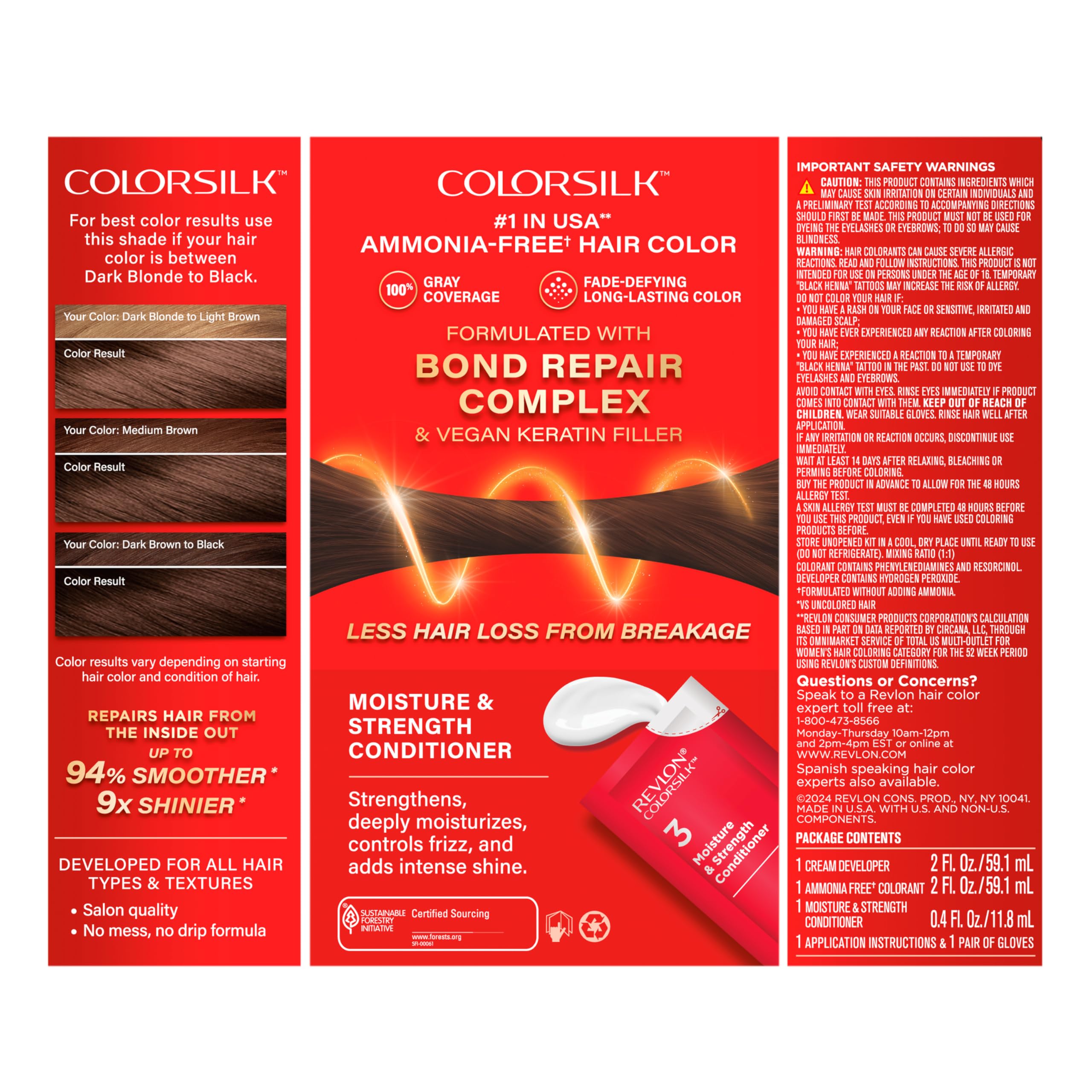 Revlon ColorSilk with Bond Repair Complex, Brown Permanent Hair Color, 100% Gray Coverage, Ammonia Free Hair Dye, Vegan Keratin, 30 Dark Brown (Pack of 3)