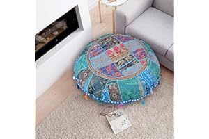 ShakDeco Cotton Khambadiya Cushion Pouf Cases Ottoman Sham Patchwork Large Round Floor Pillow Cover Meditation Cushions Cover 32" Inch (Turquoise Blue)
