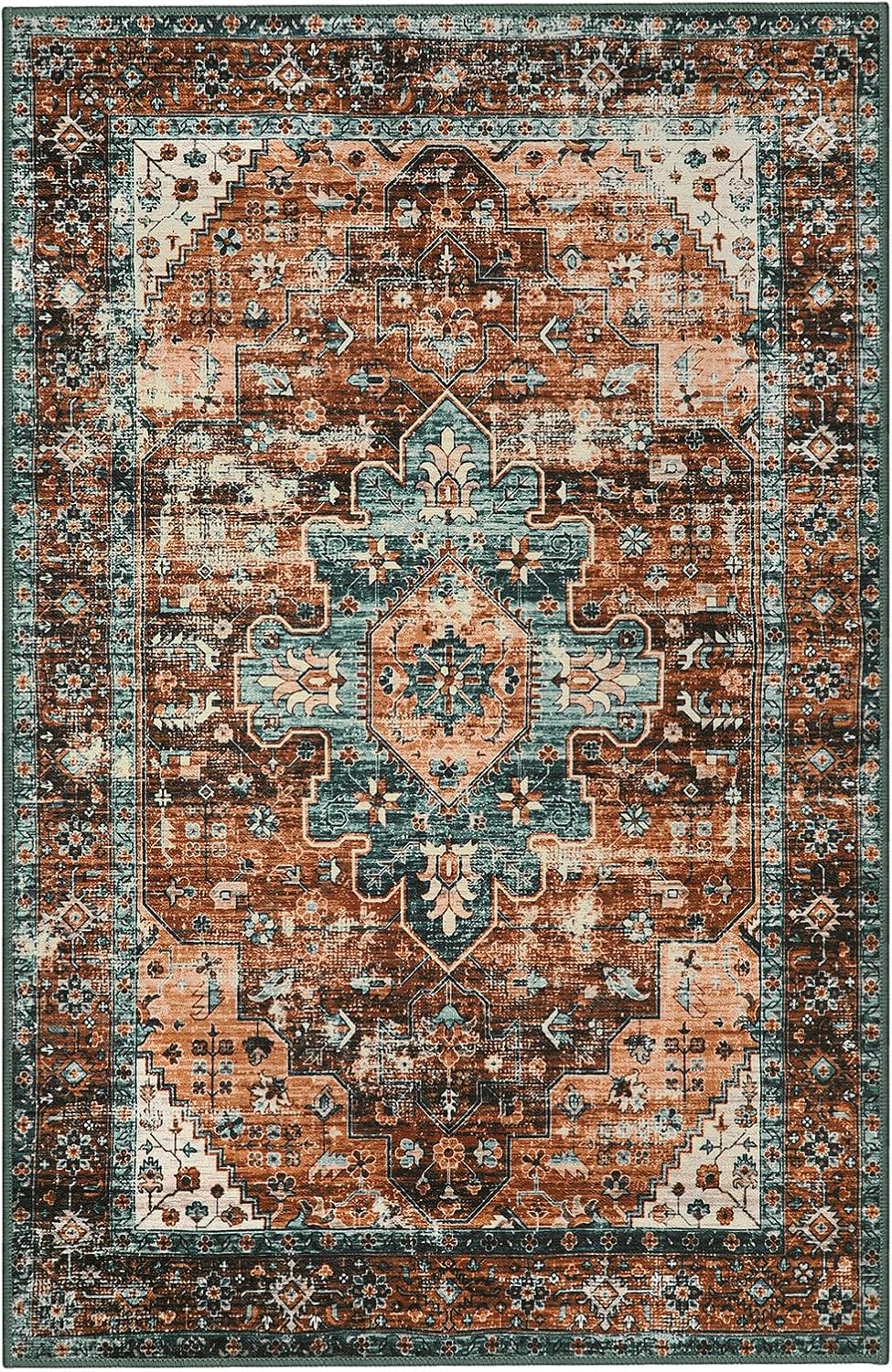 Rugs, Pads & Protectors - Moynesa Ultra-Thin Washable Vintage Area Rug - 5x7 Large Boho Non-Slip Rug for Bedroom Living Room Oriental Medallion Non-Shedding Print Floor Carpet for Dining Room Home, Brick Red/Dull Teal
