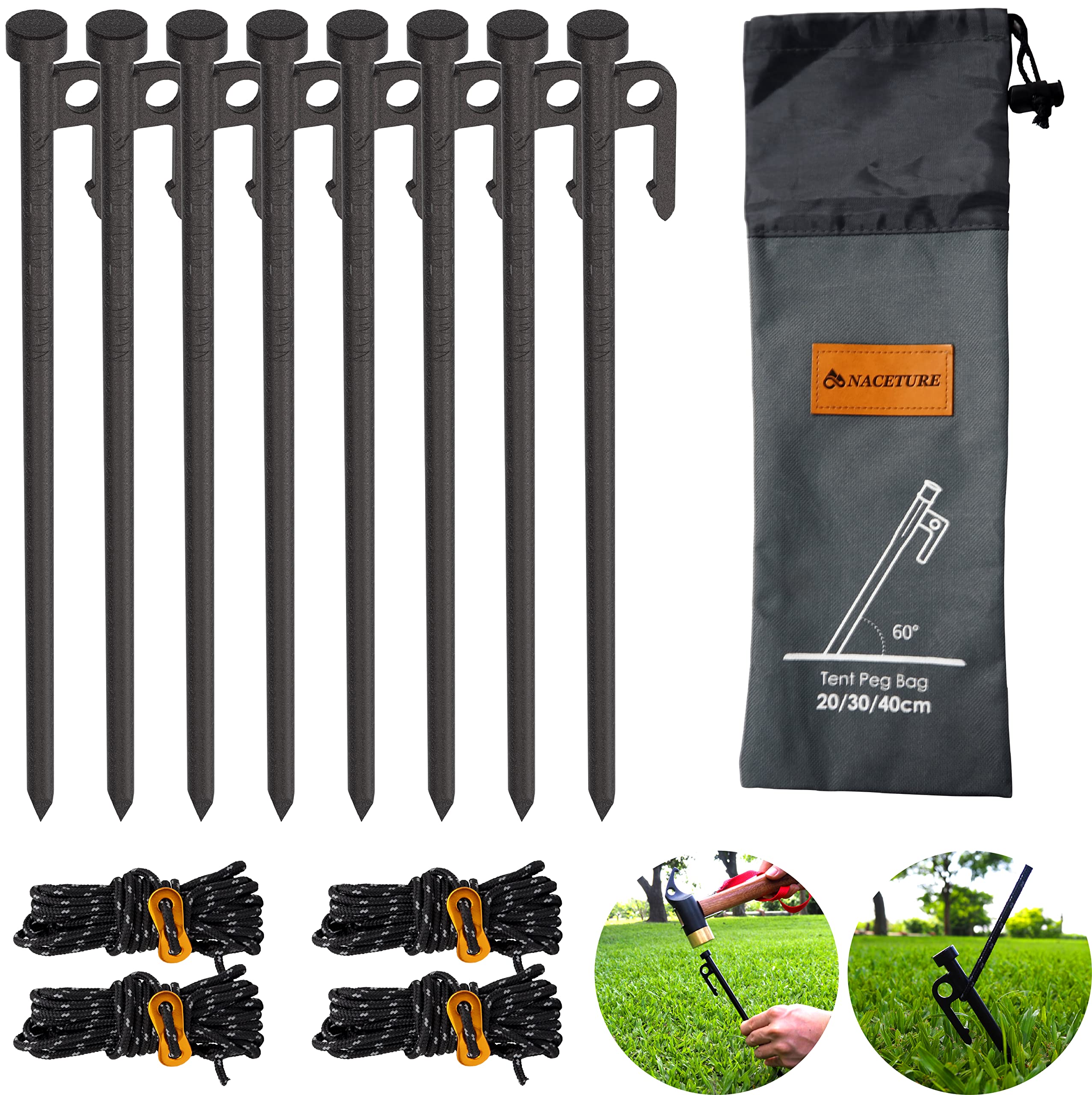 Metal Tent Stakes Heavy Duty 12 Inch 8 Pack with Camp Rope Guy Lines, Metal Stake For Ground, Canopy, Tarps, Sand Anchors for Camping, Picnics, or Yards, Reinforced Nail Heads Storage Bag