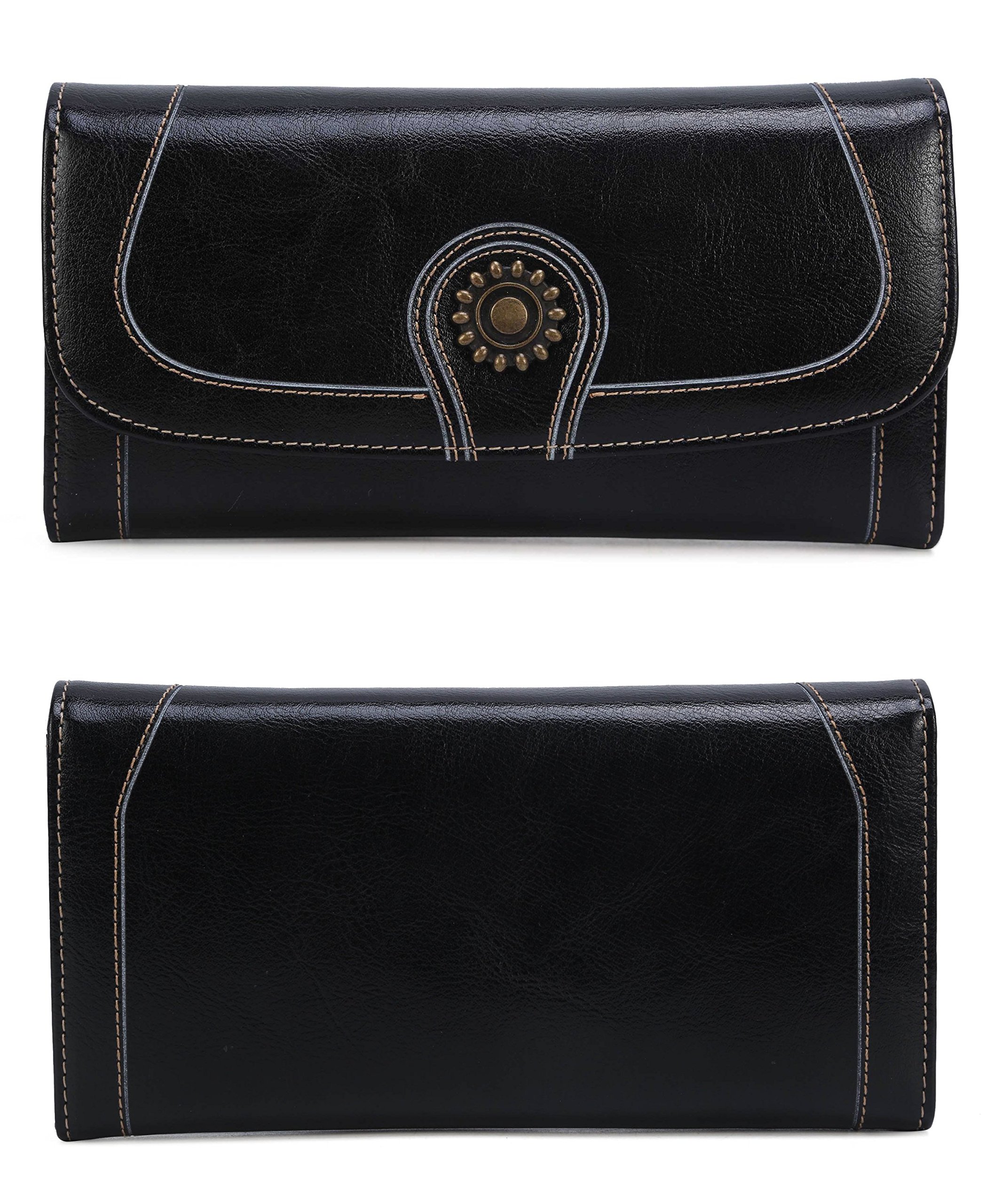 Carteras de Cuero Genuino Monedero para Mujeres RFID Bloqueo Cera de Lujo Piel Gran Capacidad Bolso de la señora-Negro