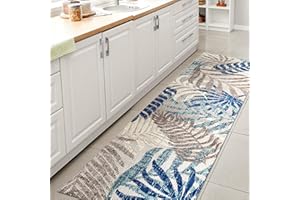 JONATHAN Y AMC100A-28 Tropics Palm Leaves Indoor Outdoor Area-Rug Bohemian Floral Easy-Cleaning High Traffic Bedroom Kitchen Backyard Patio Porch Non Shedding, 2 X 8, Gray/Blue