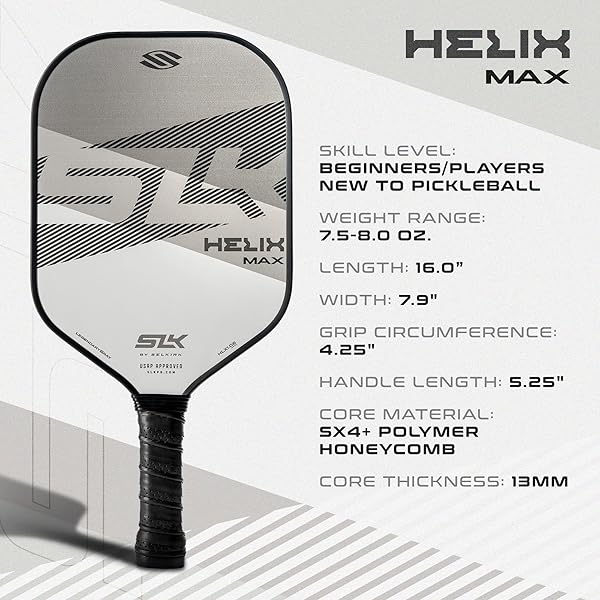SELKIRK SPORT SLK HELIX PRO PICKLEBALL PADDLE | THERMOFORMED CARBON FIBER CORE PICKLEBALL PADDLES WITH CARBON FIBER & FIBERGLASS HYBRID FACE | UNMATCHED CONTROL | LEGEND GRAY
