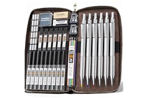 STAGEEK 30PCS Silver Metal Mechanical Pencil Set in Leather Case, 0.5/0.7/0.9/2.0mm Art Drafting Pencils with 16 Tubes Graphite Leads (6B 4B 2B HB 2H 4H) & Colored Refills for Sketching, Drawing, Writing