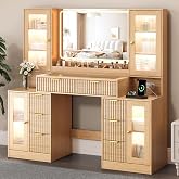 ANYMAPLE 55" Vanity Desk with Mirror &amp; Lights, Fluted Makeup Vanity with 8 Drawers &amp; 4 Cabinets, Tempered Glass Top, RGB Cabinet Lighting, 3-Color Dimmable Mirror, and Charging Station