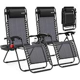 SereneLife Zero Gravity Outdoor Lounge Chairs 2 Pack &ndash; Folding Recliners with Side Table, Cup Holder &amp; Padded Headrest &ndash; Adjustable Patio Chairs for Lawn, Garden, Deck, Camping (Black)