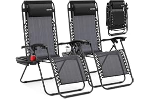 SereneLife Zero Gravity Lounge Chair Set of 2 – Adjustable Reclining Patio & Lawn Chairs with Cup Holder Tray, Removable Head