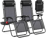 SereneLife Zero Gravity Outdoor Lounge Chairs 2 Pack – Folding Recliners with Side Table, Cup Holder & Padded Headrest – Adjustable Patio Chairs for Lawn, Garden, Deck, Camping (Black)