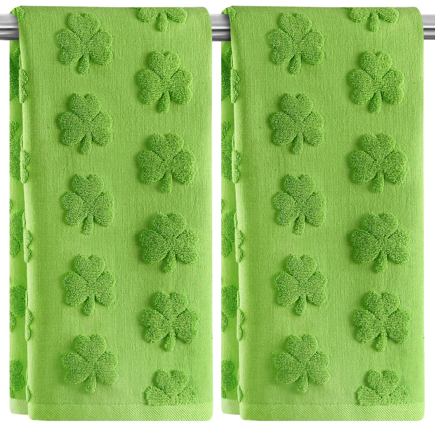 Photo 1 of 2 Pack St. Patrick's Day Hand Towels Kitchen Dish Towels Green Clover Shamrocks 100% Cotton Soft Absorbent Decorative Bathroom Towels Set for Cooking Baking Cleaning, 13.7'' x 29.5''