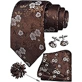 GUSLESON 3.15"（8cm） Mens Floral Tie and Lapel Pin Necktie Hankerchief Cufflinks Set for Men