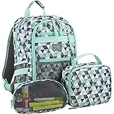 Eastsport Travel College Laptop Lunch Backpack Bookbag, Reusable Insulated Food Snack Cooler Lunchbox Set, for Work, Outdoor, Turquoise Diamonds Geometric Pastel Print