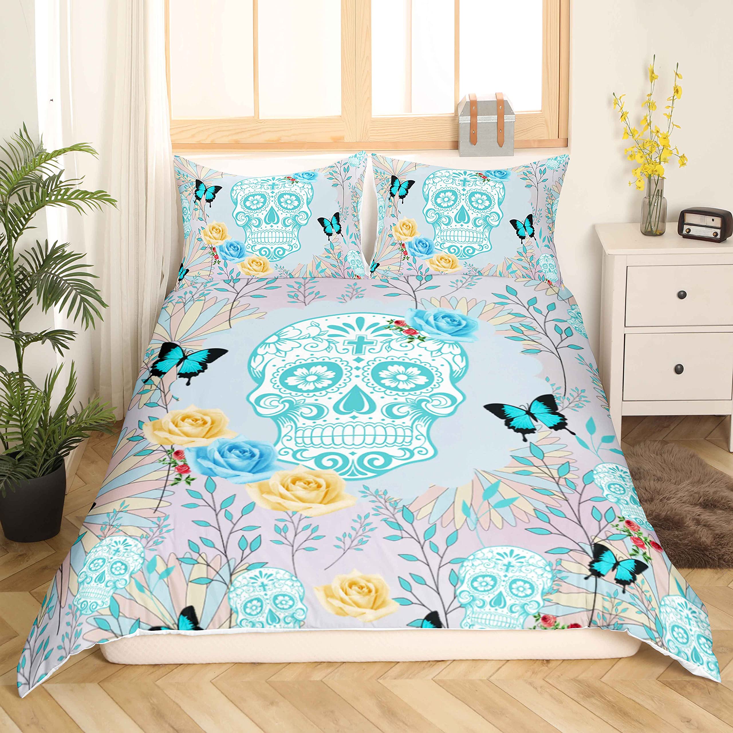 Loussiesd Sugar Skull Duvet Cover Set Single Size Skulls Pattern Bedding Set Bones Roses Flowers Print Microfiber Polyester Comforter Cover with 1 Pillow Shams, Blue Butterfly, 2 Pieces — image 1