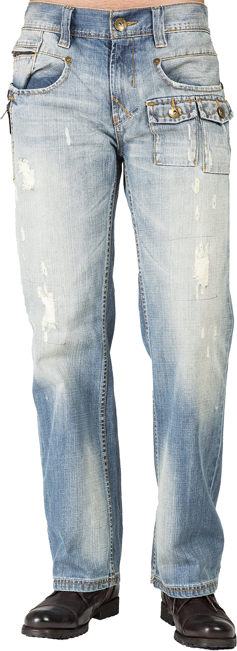 Level 7 Mens Relaxed Bootcut Premium Distressed Jeans, Zipper Utility Pockets