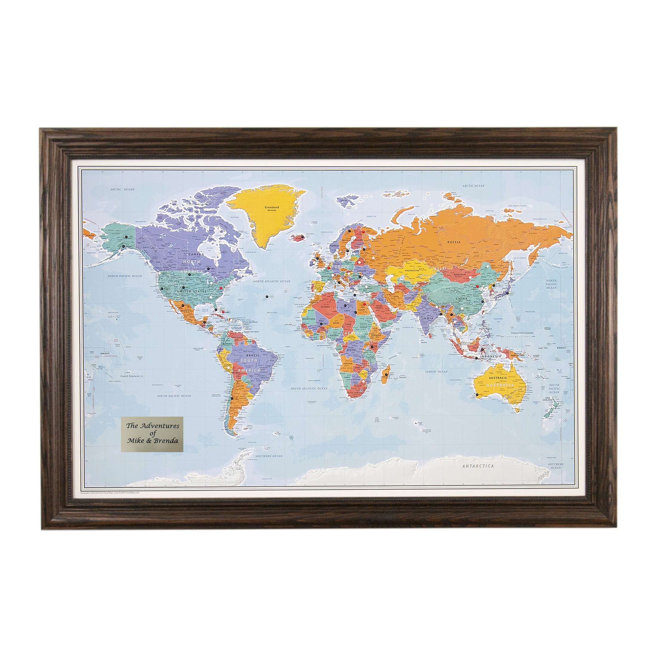 Personalized Push Pin World Travel Map with Solid Wood Brown Frame and Pins - Blue Oceans - 27.5 inc