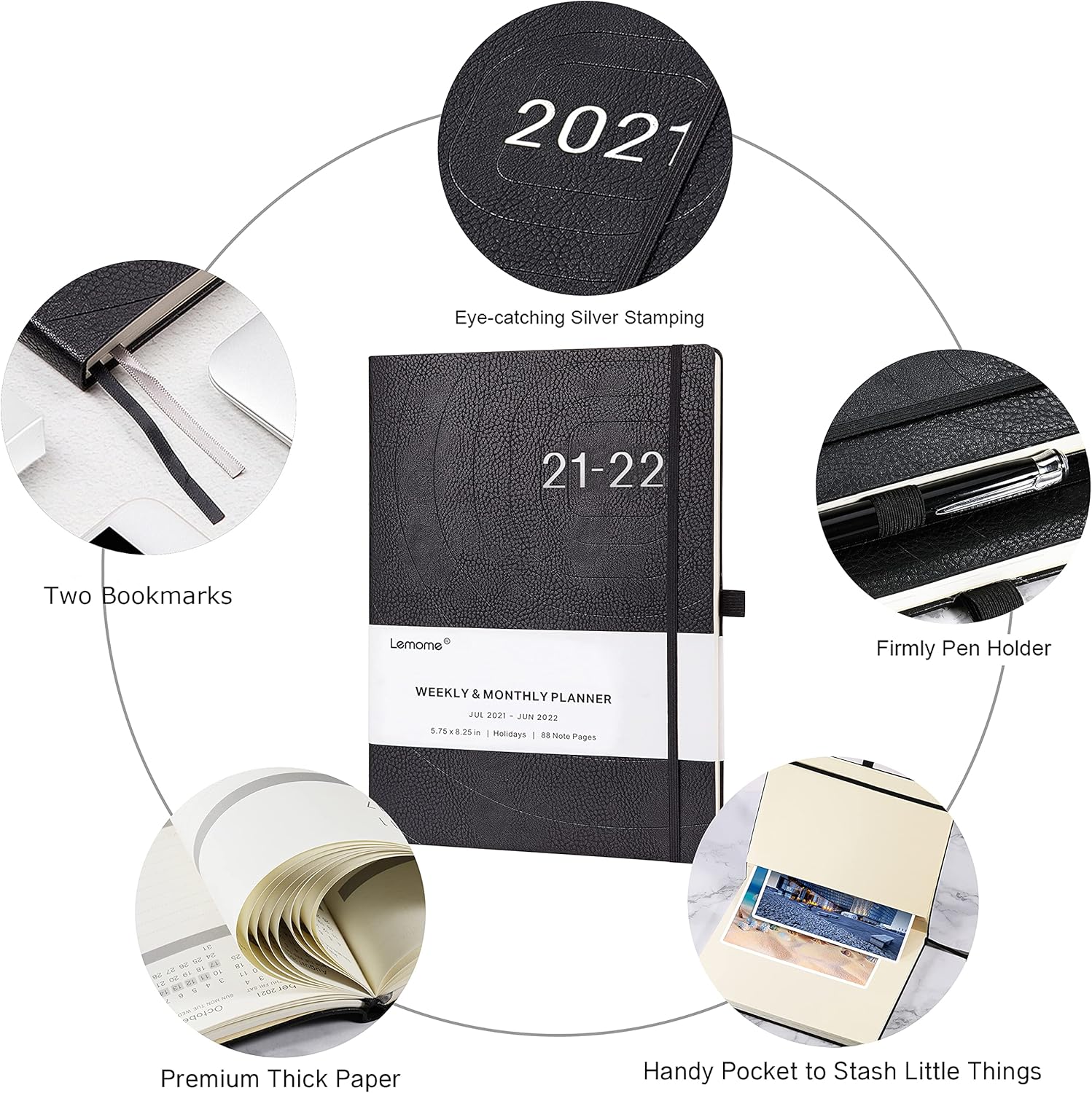 2021-2022 Planner - Weekly, Monthly and Year Planner with Pen Loop, to Achieve Your Goals & Improve Productivity, Thick Paper, Inner Pocket, 8.5" x 11", Black : Office Products