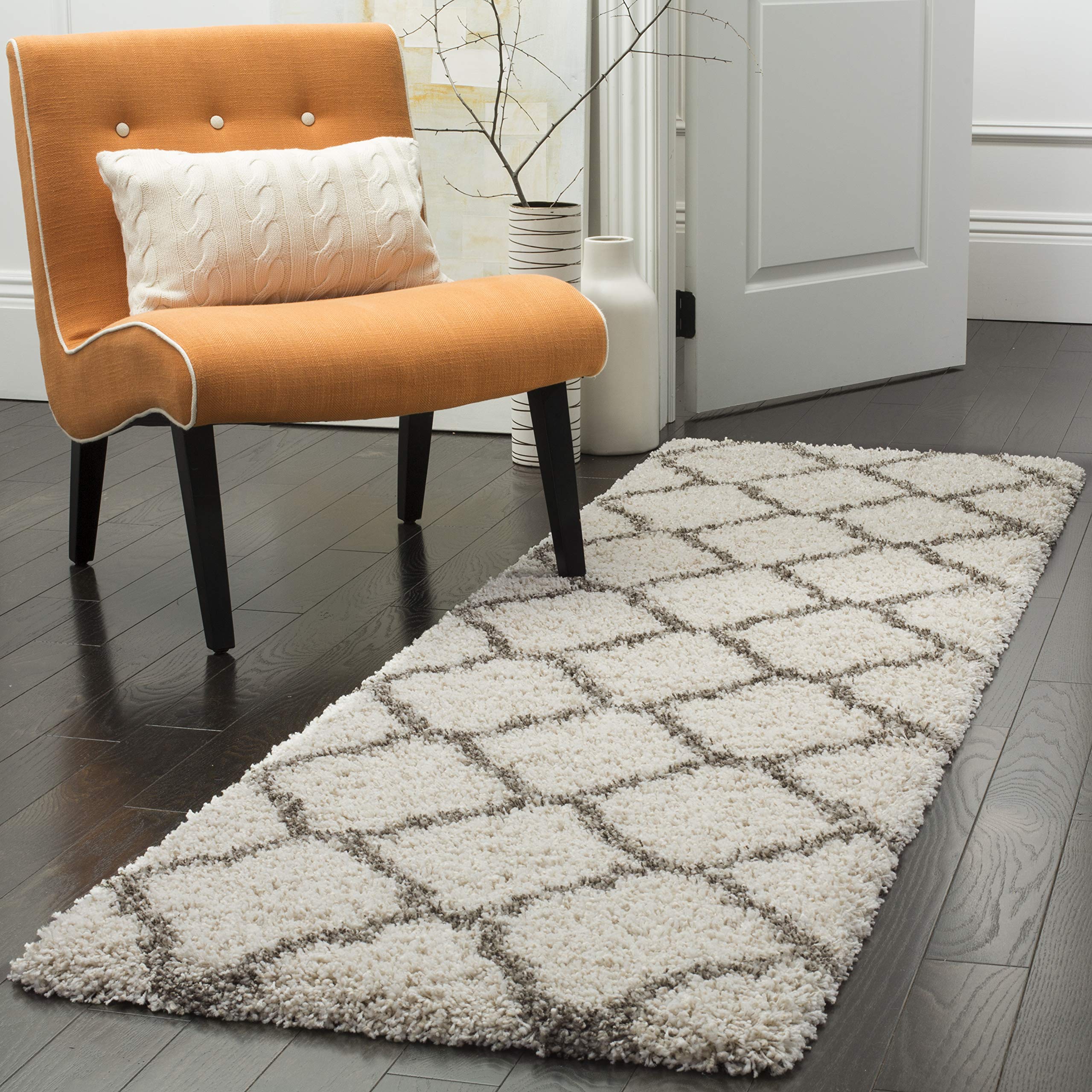 SAFAVIEH Hudson Shag Collection Runner Rug - 2'3" x 14', Ivory & Grey, Moroccan Trellis Design, Non-Shedding & Easy Care, 2-inch Thick Ideal for High Traffic Areas in Living Room, Bedroom (SGH283A) Image