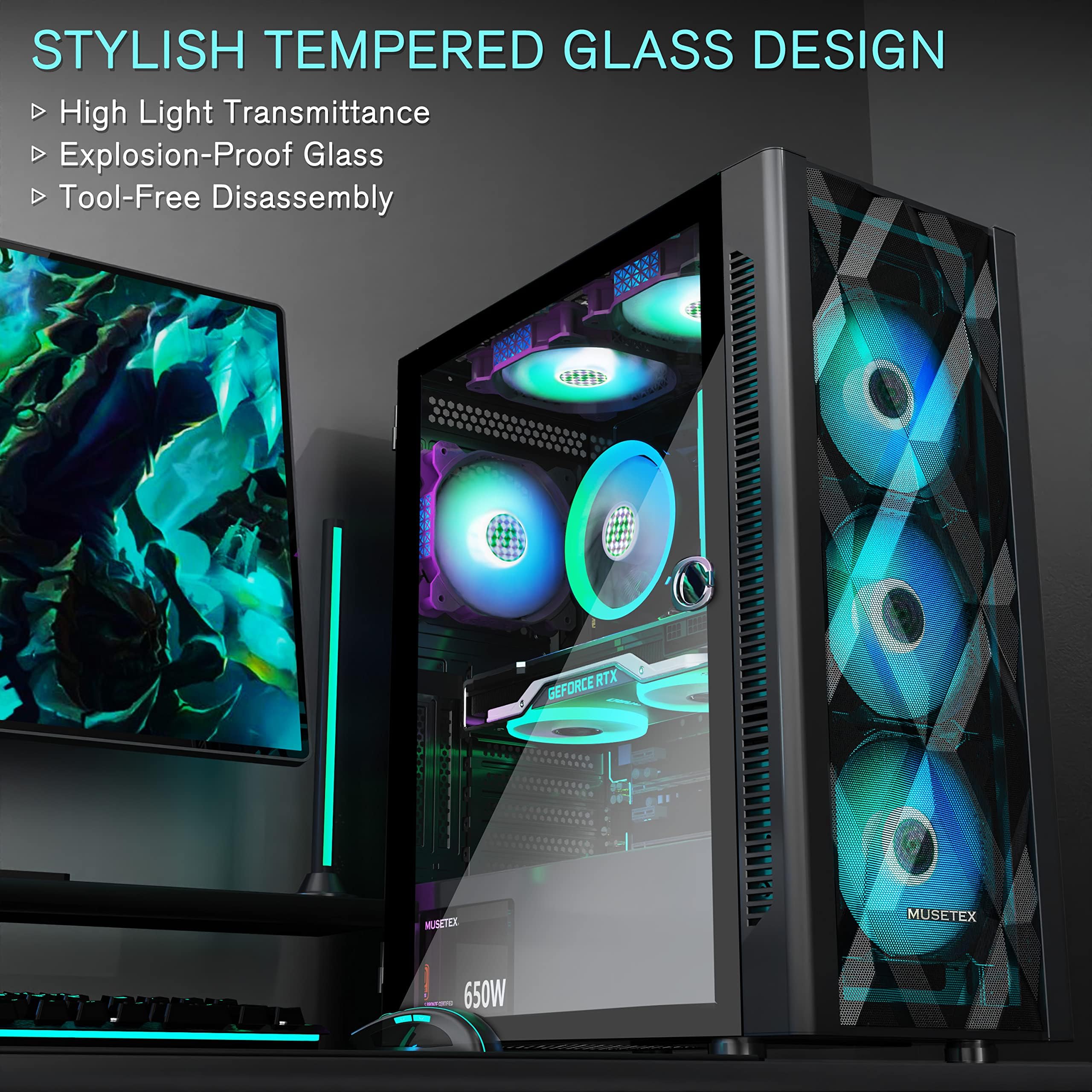 MUSETEX ATX PC Gehäuse Pre-Install 6 PWM ARGB Lüfter, Polygonal Mesh Computer Gaming Gehäuse, Öffnung gehärtetes Glas Seitenwand Mid-Tower Gehäuse, USB 3.0 x 2, Schwarz, NN8 6