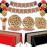 THAWAY 210Pcs Cheetah Print Birthday Decorations, Leopard Birthday Decorations Includes Cheetah and Cherry Print Balloons, Tableware, Banner Red and Black Party Decorations Supplies for Women Party