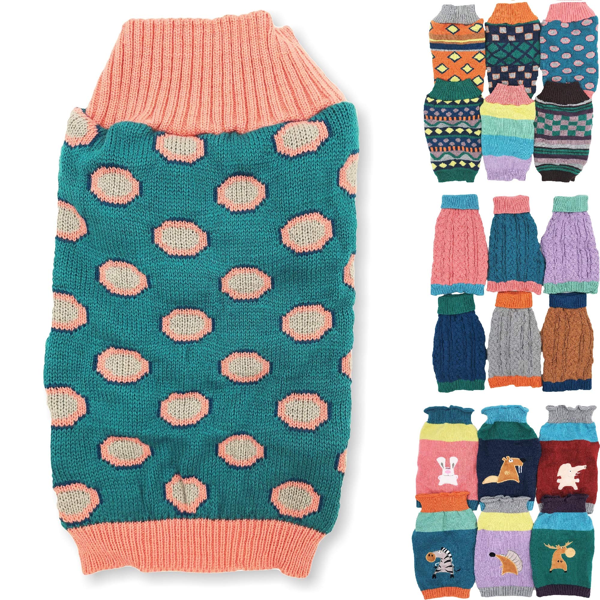 Dog Sweater Knitted Fashion Warm Soft Winter Clothes for Small Large Pet Cat Puppy (XS: Length - 10", Polka Dots)