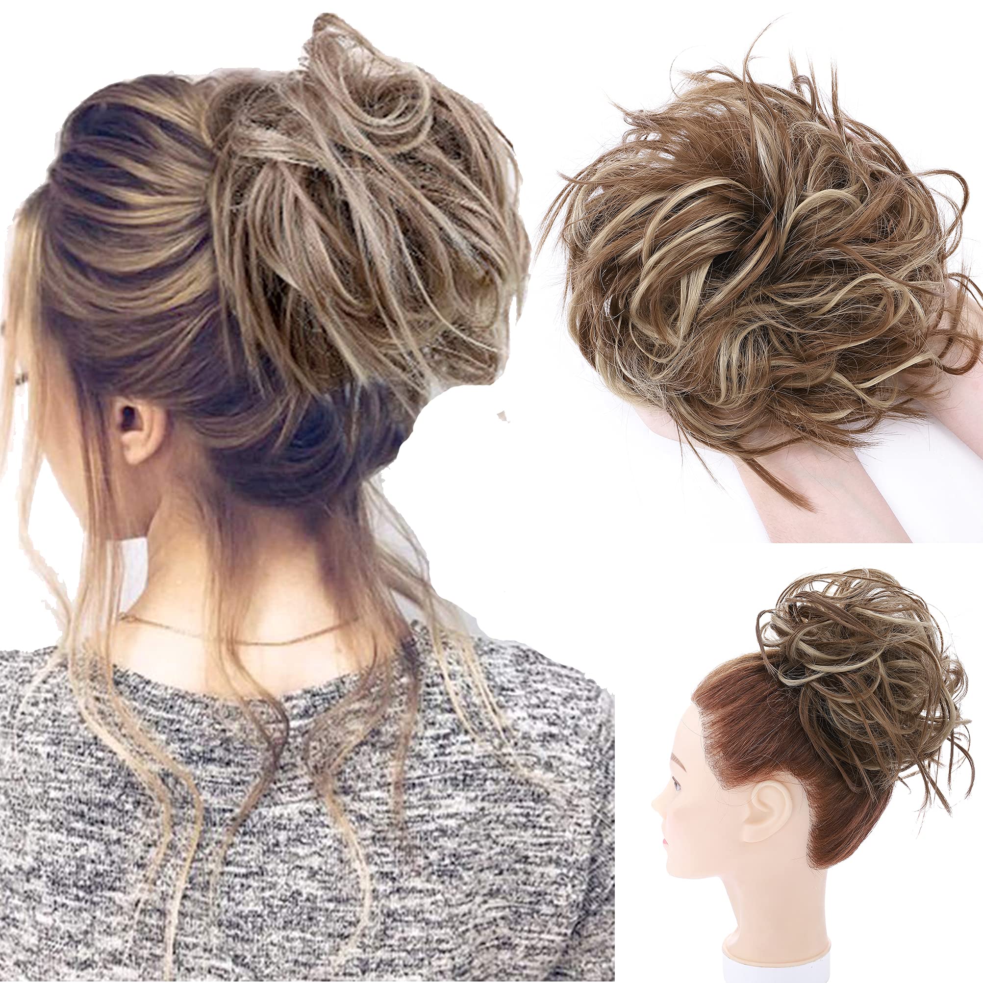 Tousled Updo Messy Bun Hair Extension Instant Ponytail With Elastic Rubber Band Updo Chignon Donut Scrunchies Extensions Hairpiece Synthetic Wavy Hair Light Brown mix Ash Blonde