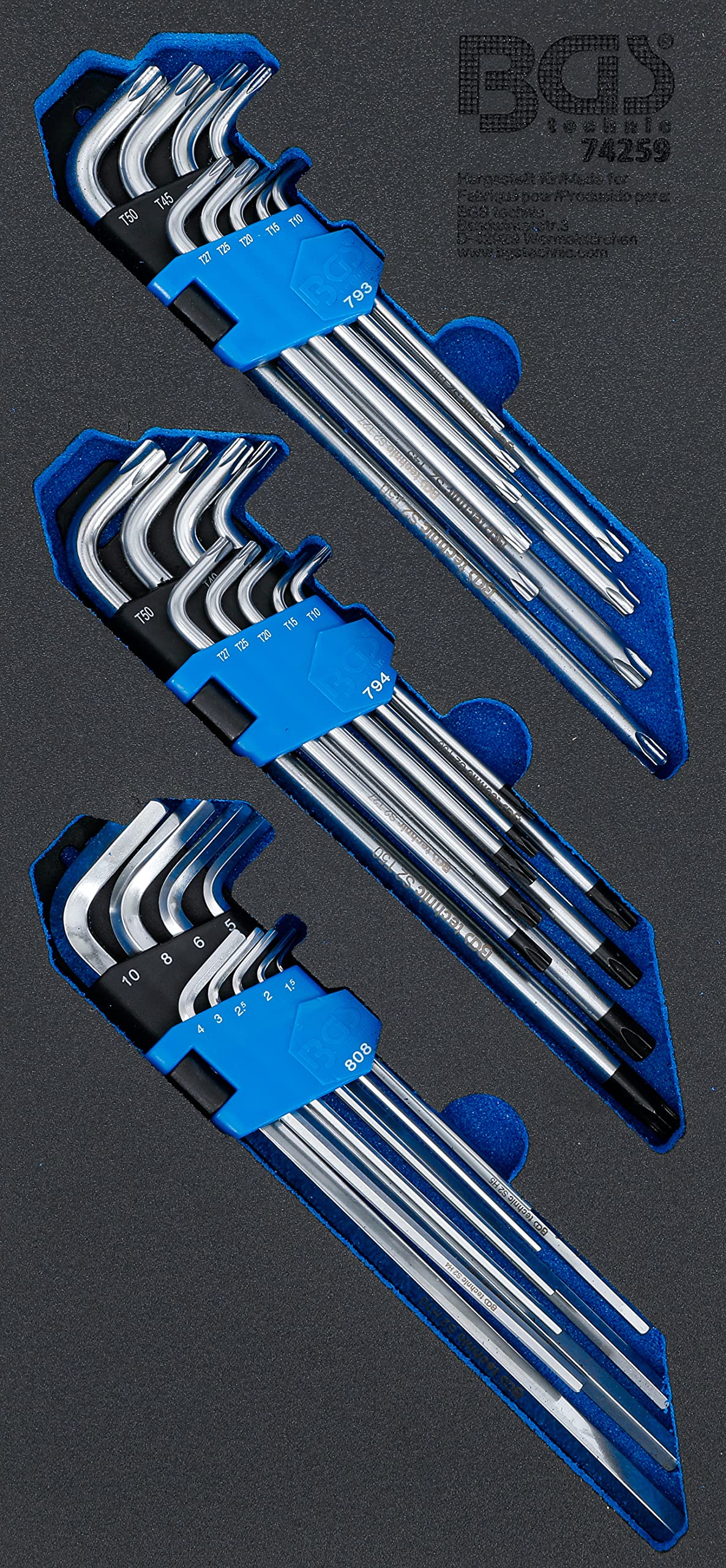 BGS 74259 | Tool Tray 1/3: L-Type Wrench Set | extra long | T-Star (for Torx), T-Star tamperproof (for Torx), Internal Hexagon | 27 pcs.