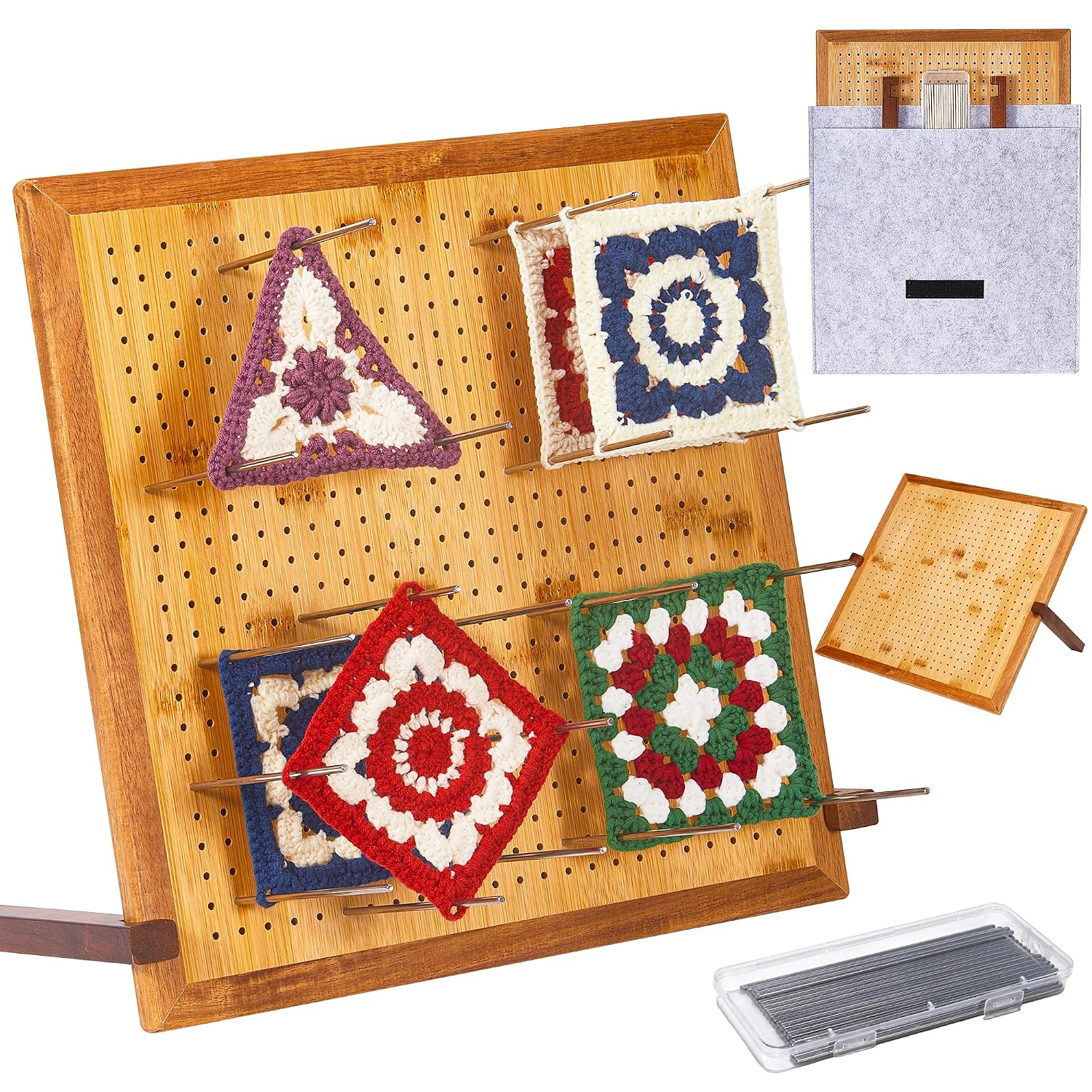 13" Crochet Blocking Board for Granny Square with 25 Pegs(Pins) & Felt Bag | 625 Holes, Blocking Board for Crochet Projects,