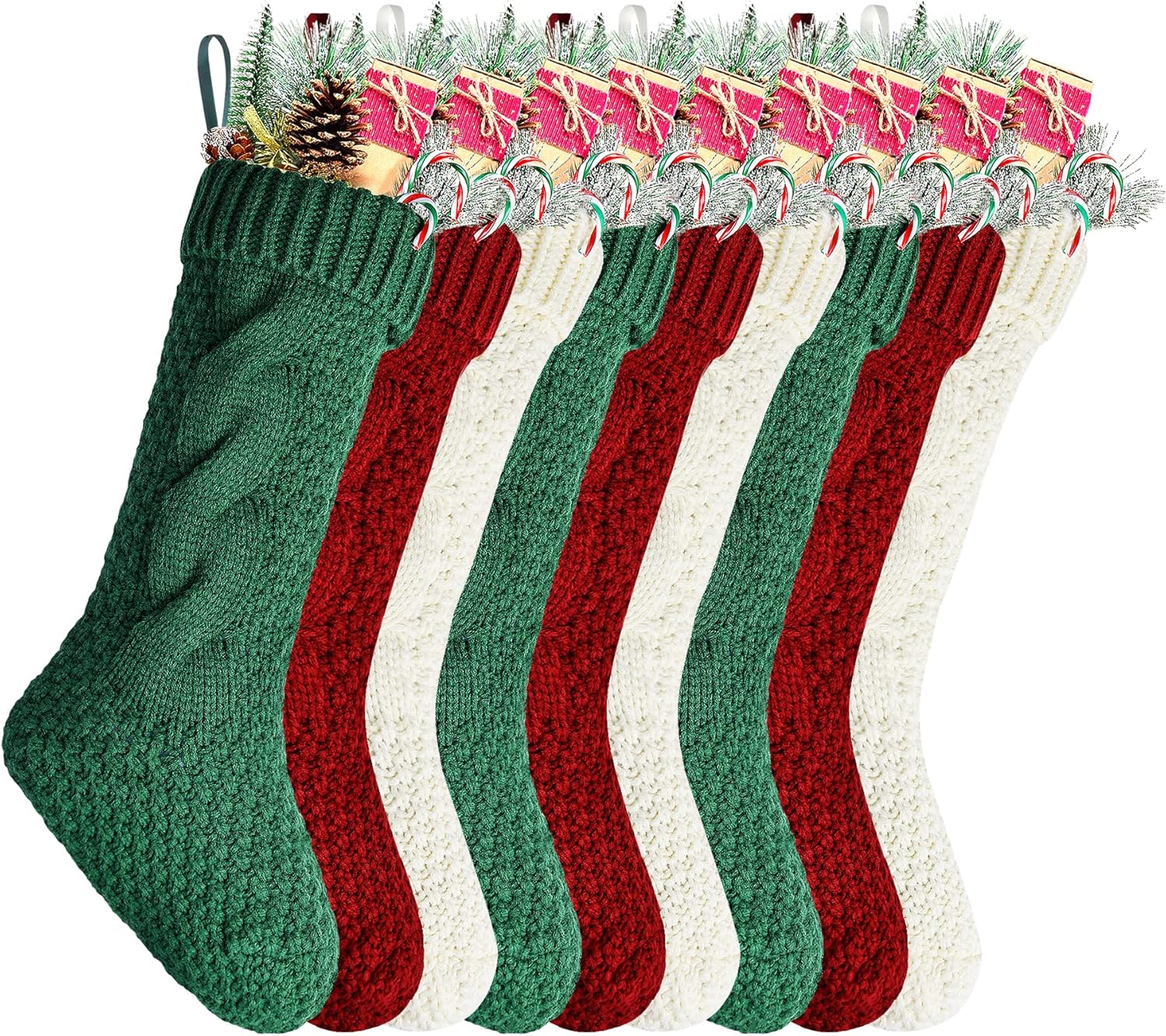 Stockings & Holders - Kunyida Christmas Stockings Bulk, 18 Inches Burgundy, Ivory and Green Cable Knitted Stocking for Xmas Holiday Decoration, 9 Pack