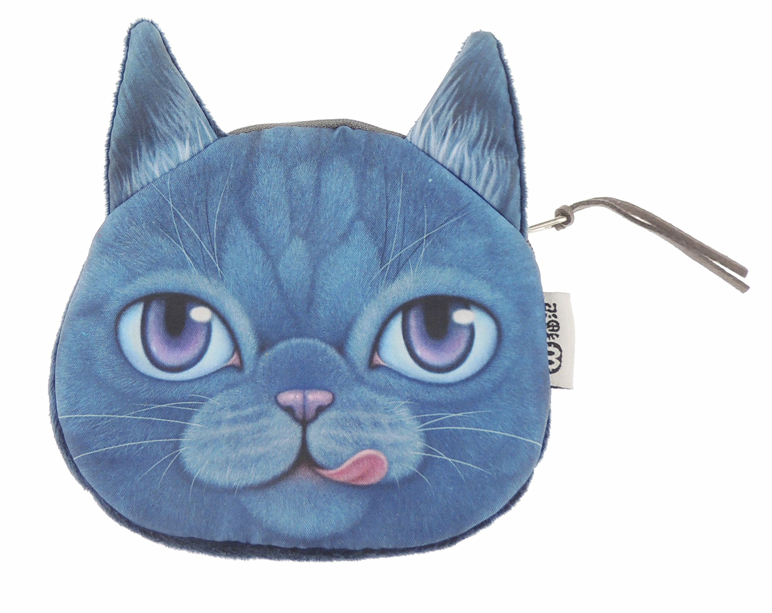Womens Mens Cute Cat Kitten Kitty Animal Lovers Funny Christmas Birthday Gift Realistic Face Small Coin Change Money Makeup Zipper Holder Wallet Pouch Purse (Grey Cat Tongue)