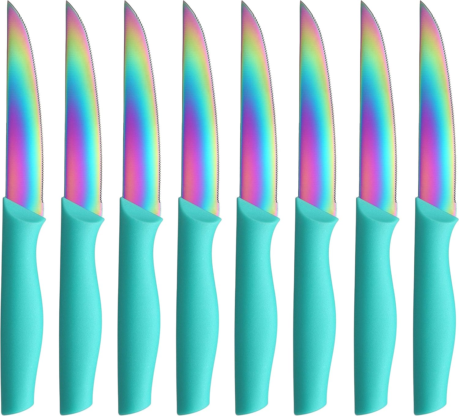 McCook MC57 Steak Knife Set - 8 Pieces Serrated Rainbow Titanium Stainless Steel Steak Knives Set of 8, Turquoise