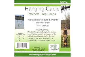 Songbird Essentials Hanging Cable Tree Limb Protector with S Hook, Steel Cable with Silicone Sleeve, Protects Tree Limbs from Heavy Bird Feeders and Decorations, 36 Inch Cable