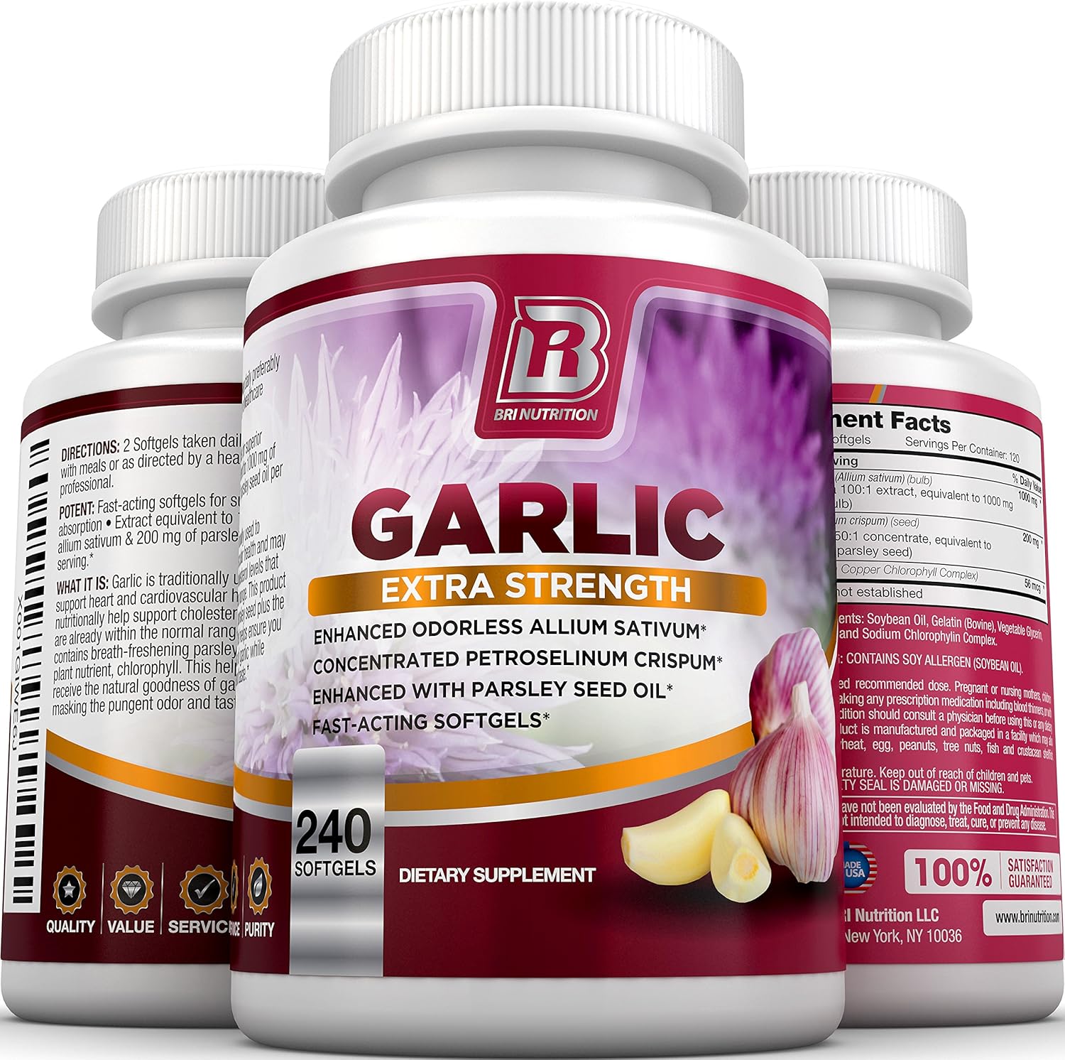 BRI Nutrition Odorless Garlic - 240 Softgels - 1000mg Pure and Potent Garlic Allium Sativum Supplement (Maximum Strength) - 120 Day Supply: Health & Personal Care