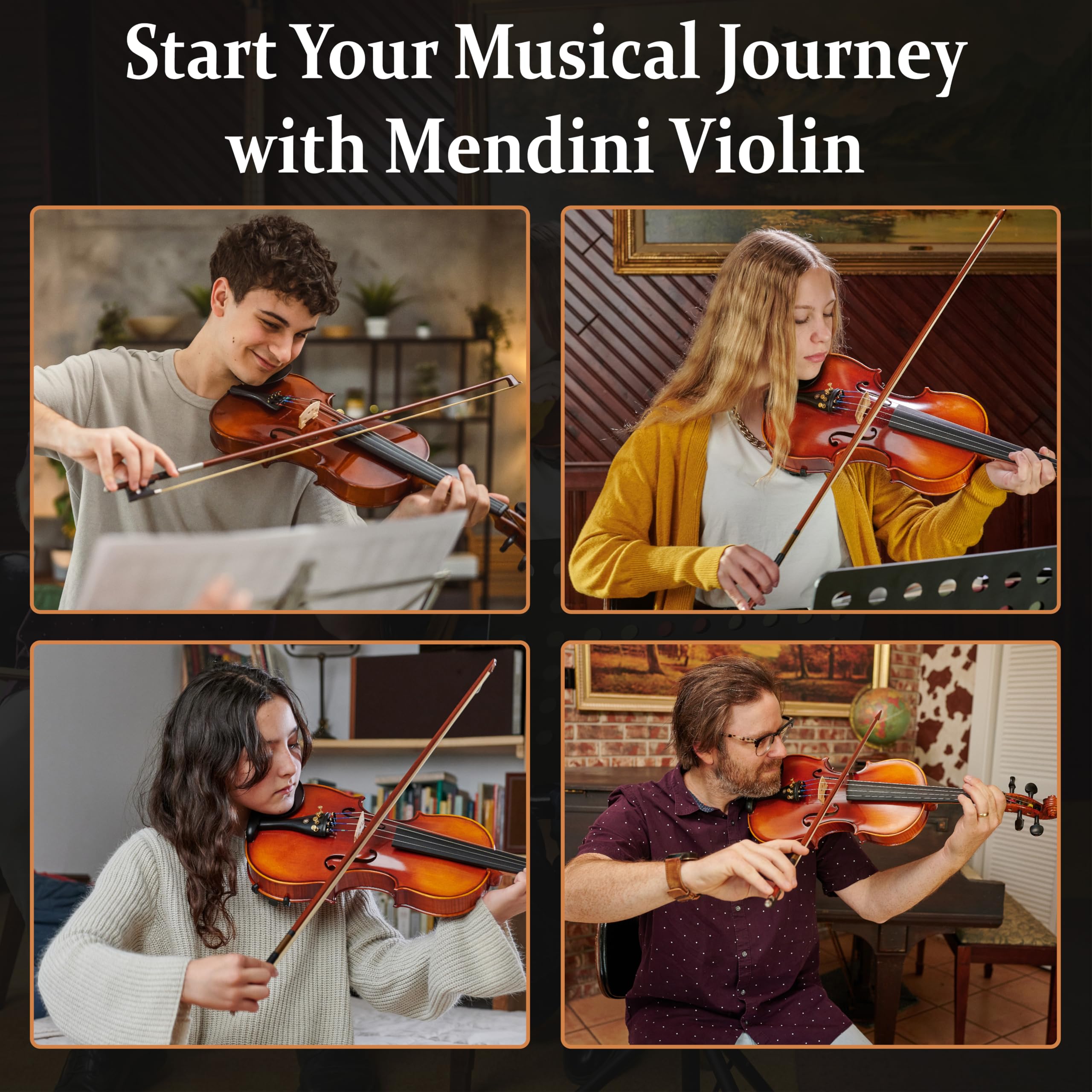 Mendini by Cecilio Violin 4/4 Full Size Set For Beginners - Hand Carved Acoustic Violins Set - Fiddle Solidwood Kit with Hard Case, Two Bows, Tuner, Rosin, Shoulder Rest, Extra Strings, Lesson Book