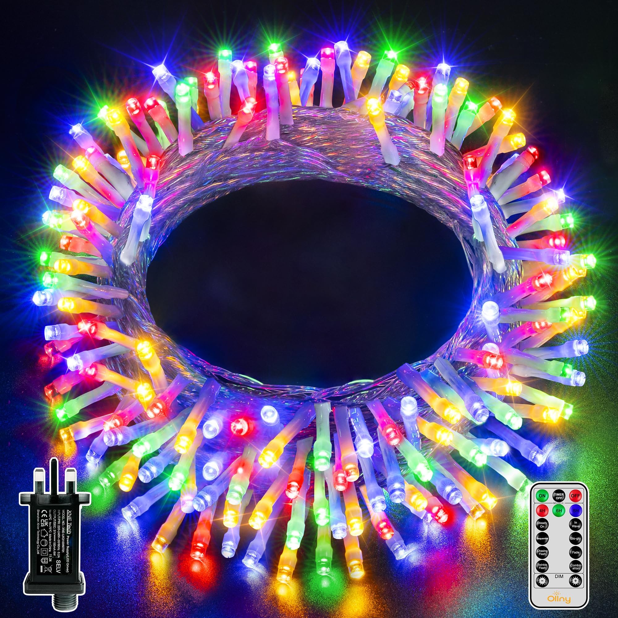 Ollny Christmas Tree Lights, 10m 100 LED Fairy Light Mains Powered, Waterproof Outdoor String Light with Remote/Plug/Modes/Timer, Bright Multicolour Lighting Outside Indoor Garden Xmas Decorations โ image 1