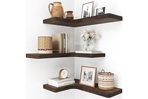 fuqing Floating Corner Shelves, Wall Shelf Set of 3, Shelves for Wall Storage, Solid Wood Shelves for Storage, Wall Mount Wooden Display Shelf for Bathroom Bedroom Kitchen Garage, Rustic Brown