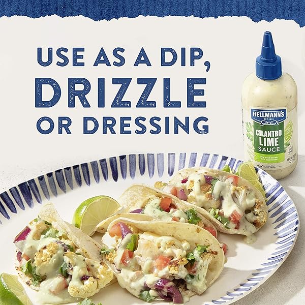 HELLMANN’S SAUCE FOR A REFRESHING CONDIMENT, DIP AND DRESSING CILANTRO LIME GLUTEN FREE, DAIRY FREE, NO ARTIFICIAL FLAVORS, NO HIGH-FRUCTOSE CORN SYRUP 9 OZ