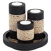 IYARA CRAFT Tealight Candle Holders with Tray – Set of 3 Rustic Black Wooden Candle Holders with Natural Rope Accent, Cozy Ce