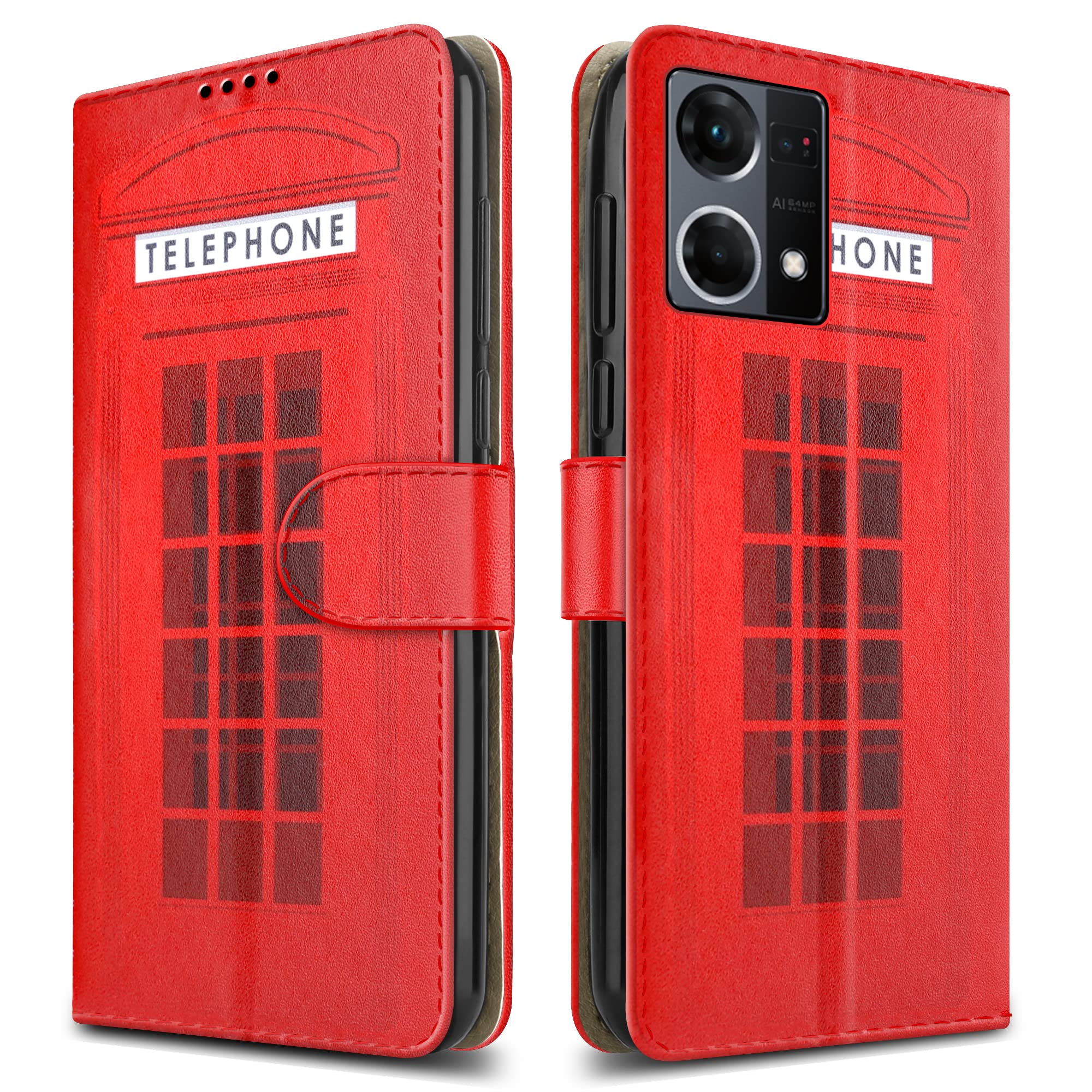 PIXFAB For Oppo Reno 7 4G Leather Phone Case, Magnetic Closure Full Protection Book Folio Design, Wallet Case Cover [Card Slots] and [Kickstand] For Oppo Reno 7 4G (6.43") - Telephone Booth